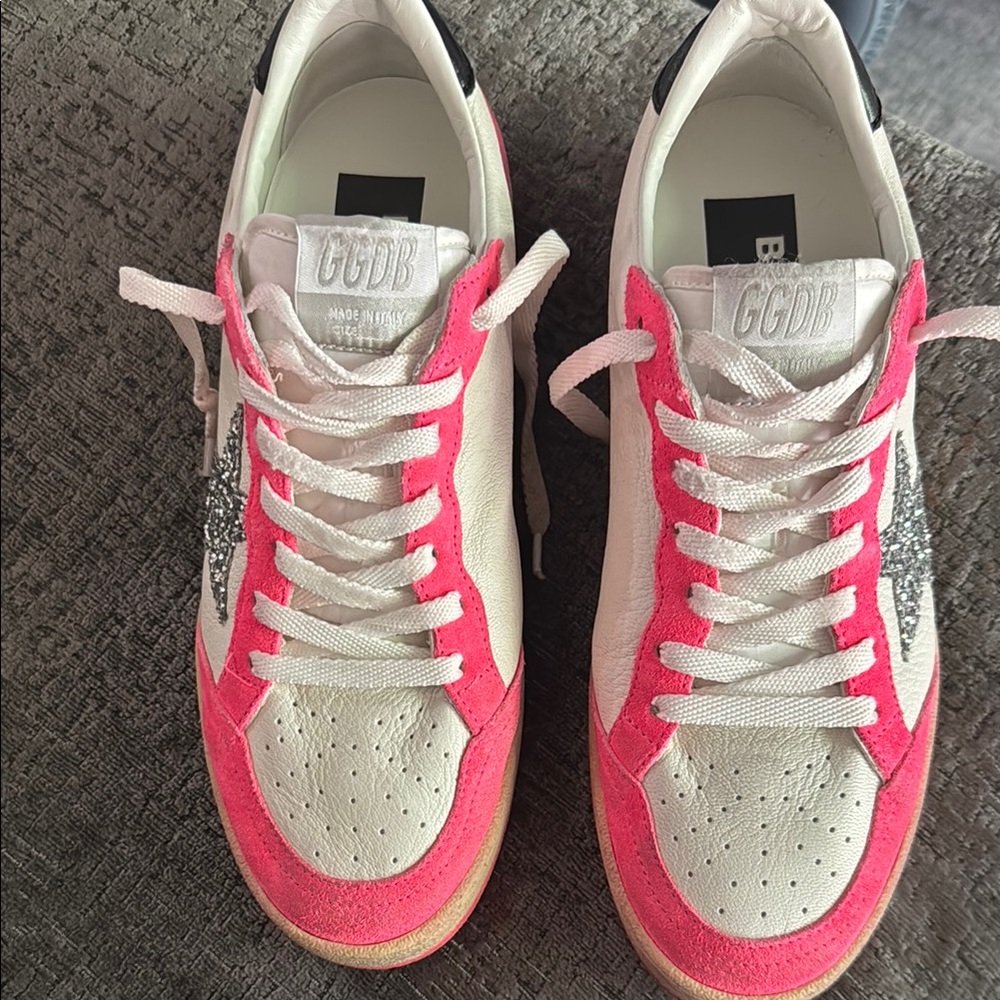 Golden Goose Pink and White Sneakers with Metallic Accents